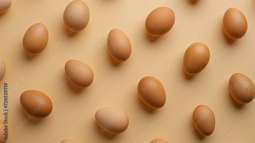  a group of brown eggs sitting next to each other on a white surface with a pattern of brown eggs in the middle of the image on a light brown background.