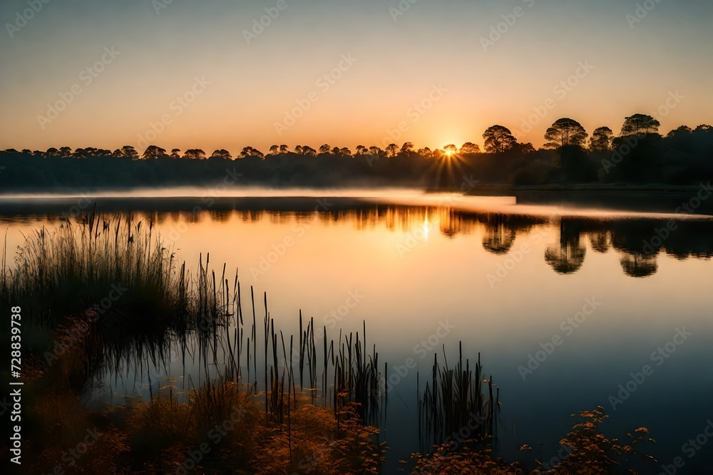 A tranquil lake at sunrise, with the first light of day painting the sky in warm and gentle tone