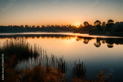 A tranquil lake at sunrise  with the first light of day painting the sky in warm and gentle tone