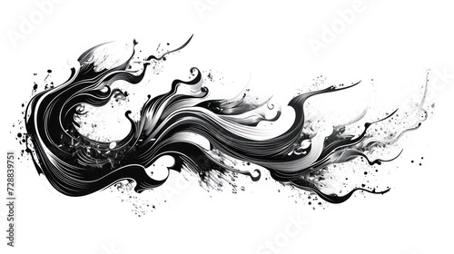  a black and white drawing of a wave with splashes of paint on the bottom of the wave and a splash of water on the top of the bottom of the wave.