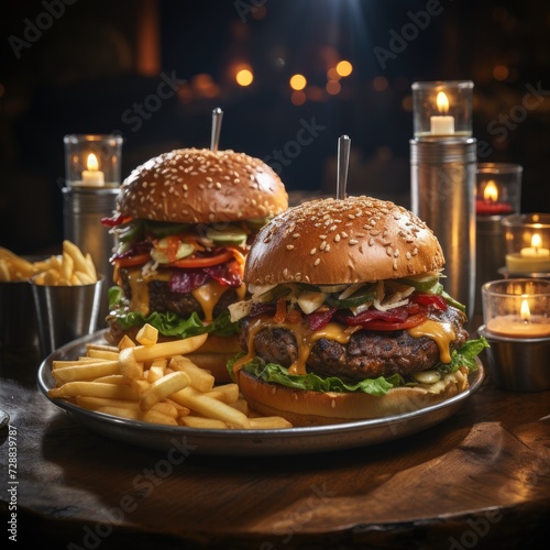  Appetizing burger with fries menu in a restaurant. Set of burgers, cheeseburgers, hamburgers with fries on a plate, studio shooting. Fast food menu.
