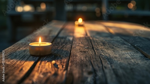  a candle sitting on top of a wooden table in front of a blurry background of another candle on top of a wooden table in front of a blurry background.
