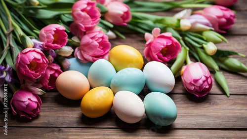Colourful eggs and tulips on wooden background. Easter composition