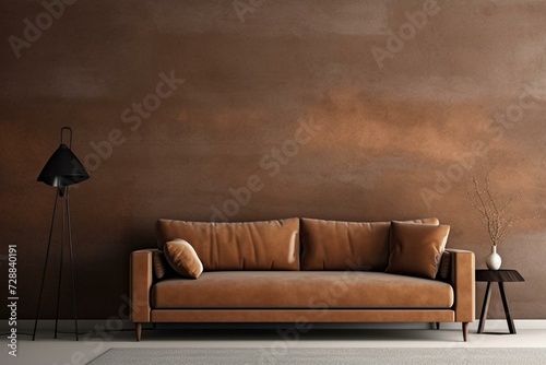 Sofa in brown tones against a clean background. Minimalist contemporary design. Modern interior. Generative AI © Ulani