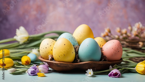 Colourful eggs and spring flowers on purple background. Space for text. Happy easter composition