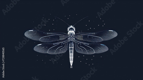  a black and white drawing of a dragonfly on a dark background with stars in the sky and a pen in the center of the dragonfly's wings.