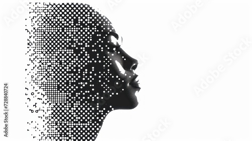  a black and white photo of a woman's face with dots in the shape of a woman's head and the image of a woman's face is half - length