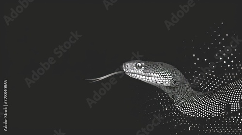  a black and white photo of a snake with dots on it's body and a black background with white dots on it's body and a black background.