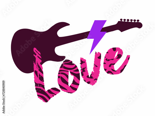 Love. T-shirt design featuring an electric guitar silhouette along with the lightning bolt symbol and a word with an animal print. Glam rock poster.