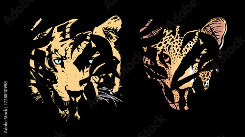 T-shirt design of two tiger and leopard heads hiding behind the leaves.