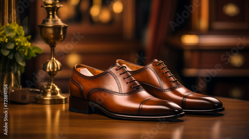Klasyczne eleganckie buty męskie na tle wnętrza