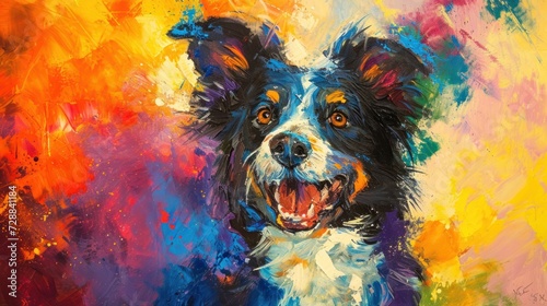  a painting of a black and white dog with his mouth open and tongue out, with multi - colored paint splattered on the background of the dog's face.