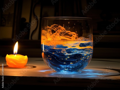  a lit candle sitting on top of a table next to a glass with a liquid inside of it and a blue and yellow liquid in the middle of the glass.