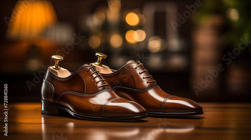 Klasyczne eleganckie buty męskie na tle wnętrza photo