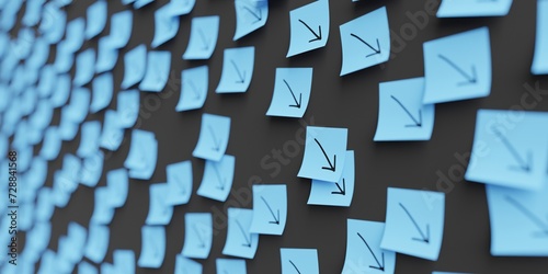 Many blue stickers on black board background with decrease symbol drawn on them. Closeup view with narrow depth of field and selective focus. 3d render  Illustration