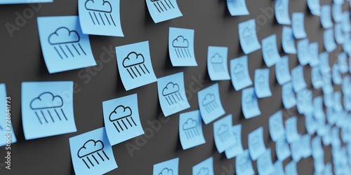 Many blue stickers on black board background with rain symbol drawn on them. Closeup view with narrow depth of field and selective focus. 3d render, Illustration