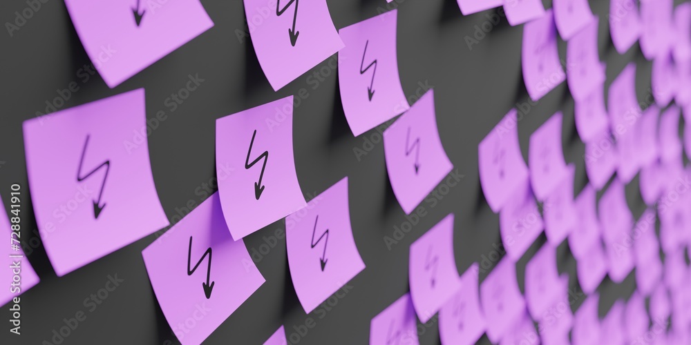 Many violet stickers on black board background with electricity symbol drawn on them. Closeup view with narrow depth of field and selective focus. 3d render, Illustration Many violet stickers on black board background with electricity symbol drawn on them. Closeup view with narrow depth of field and selective focus. 3d render, Illustration