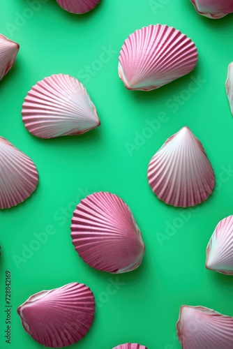 Pink Seashells on Vibrant Green Background. background for designer