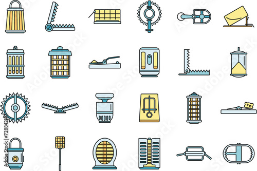 Hunter animal trap icons set. Outline set of hunter animal trap vector icons thin line color flat on white
