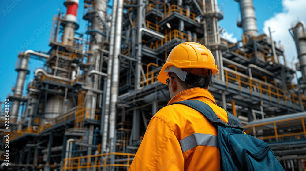 Industrial Worker in Safety Helmet Overlooking Petrochemical Plant.