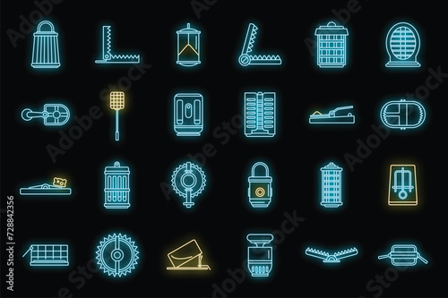Hunter animal trap icons set. Outline set of hunter animal trap vector icons neon color on black
