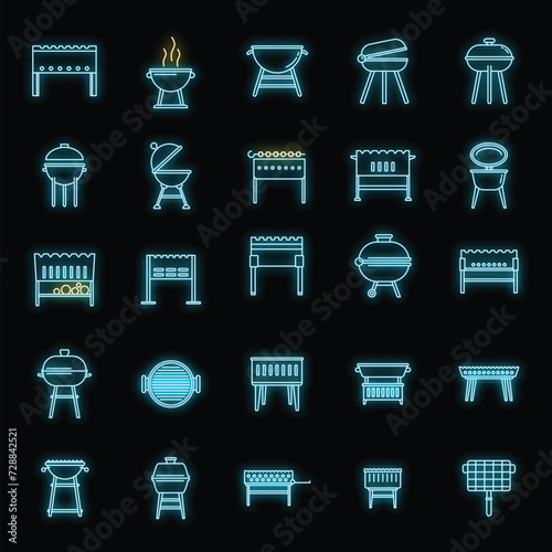 Bbq brazier icons set. Outline set of bbq brazier vector icons neon color on black