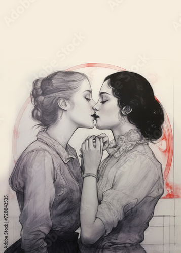 Vintage pencil sketch: Two women in 20th-century attire share a tender kiss, surrounded by red strokes on a pure white background. Nostalgic charm reminiscent of impressionist art, ideal for timeless