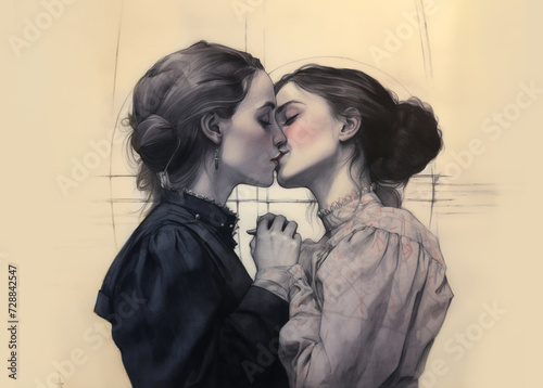 Two girls in early 20th-century attire share a kiss, capturing the romance of the past. Blush adorns their cheeks. This sketch hints at a century-old existence of LGBT relationships.