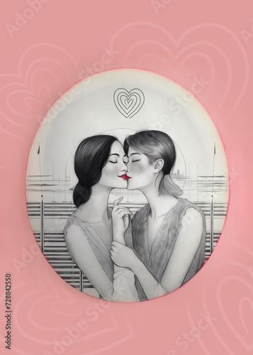 In a graphite sketch, two women in airy dresses share a passionate, red-tinted kiss against a harbor backdrop. Held in a pink oval frame, this vintage scene captivates the nostalgic allure of the 1960
