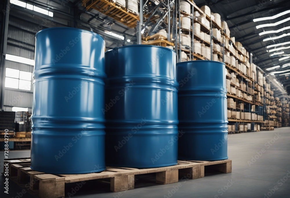 Blue barrel drum on the pallets contain liquid chemical in warehouse prepare for delivery to custome Blue barrel drum on the pallets contain liquid chemical in warehouse prepare for delivery to custome