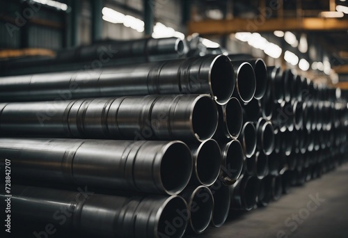 A stack of steel pipes in a warehouse or factory with a blurry background