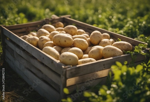 A wooden box with potatoes in a field