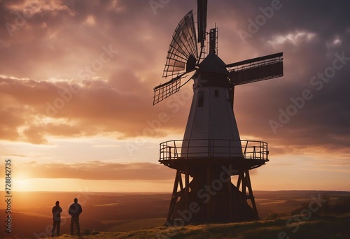An engineer stands on top of a windmill and looks at a beautiful sunset landscape