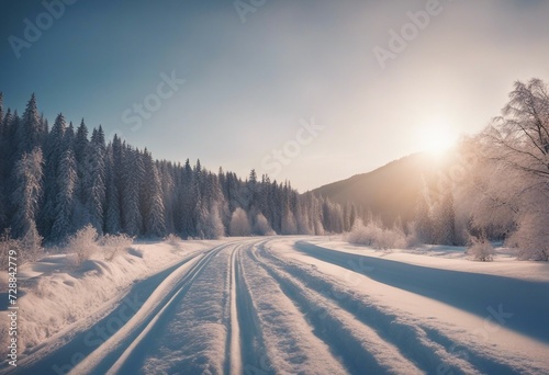 Beautiful view of the snowy road in winter