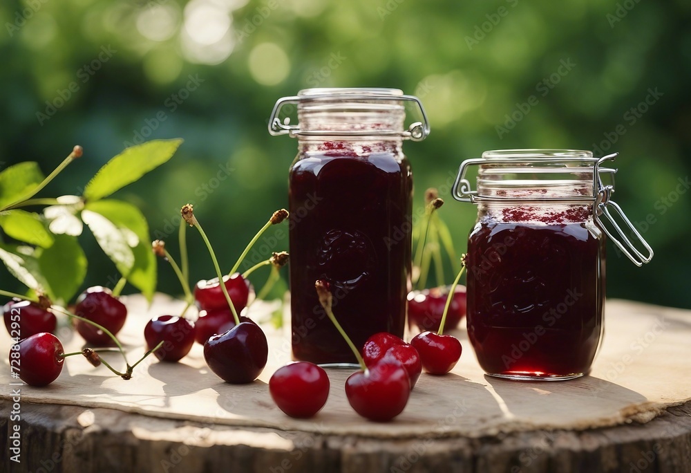 Close-up of cherry jam and fresh cherries in jars on the table against the backdrop of a natural bri Close-up of cherry jam and fresh cherries in jars on the table against the backdrop of a natural bri