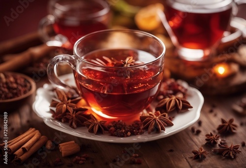 Cup of healthy traditional herbal rooibos red beverage tea with spices