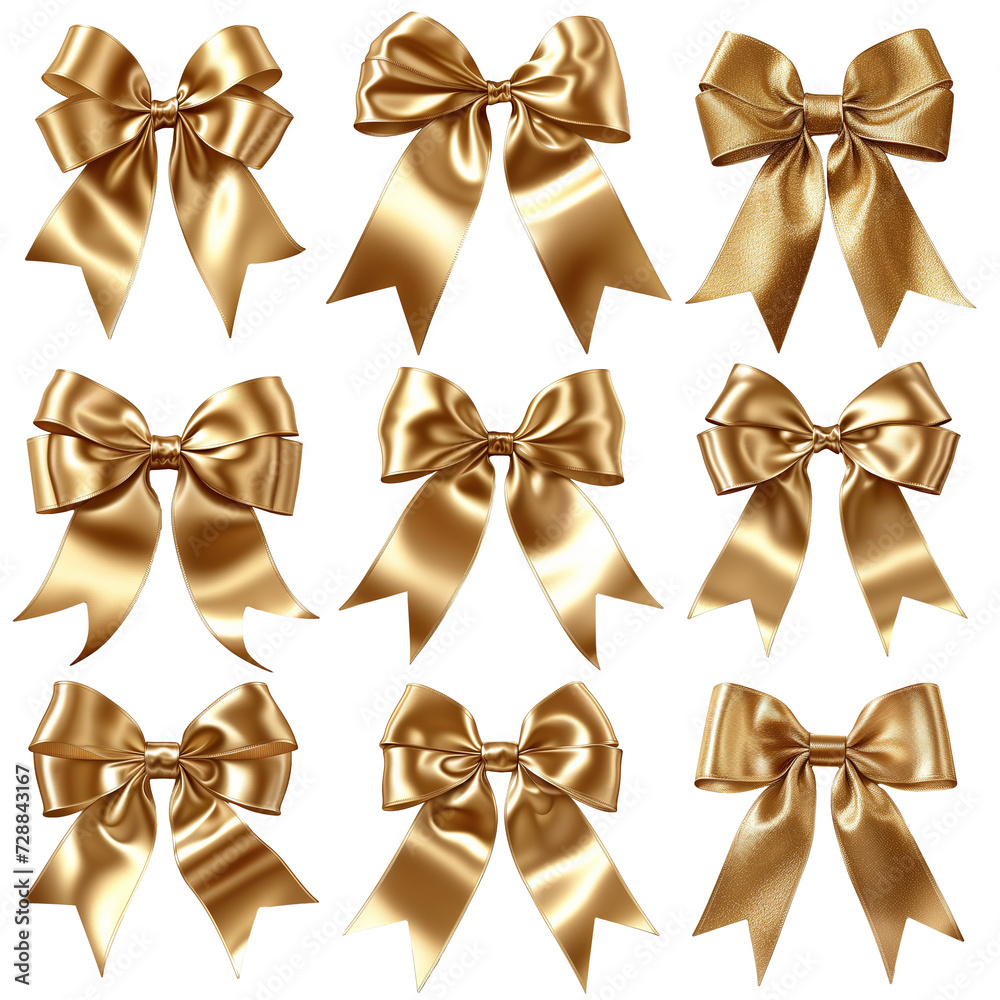 Set of gold bows isolated on transparent background