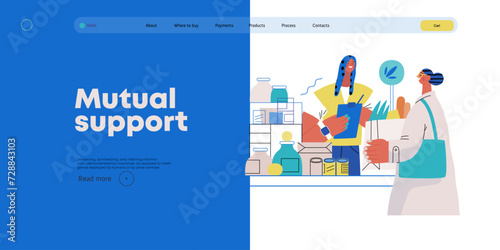 Mutual Support: Bringing groceries to food bank -modern flat vector concept illustration of people donating food to food pantry A metaphor of voluntary, collaborative exchanges of resource, services