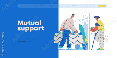 Mutual Support Buying groceries for ill neighbor -modern flat vector concept illustration of man carrying shopping bags for woman on crutches Metaphor of voluntary, collaborative exchanges of services