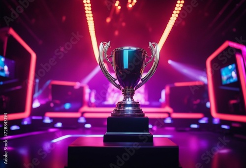 The esports winner trophy standing on the stage in the middle of the arena of the computer video gam