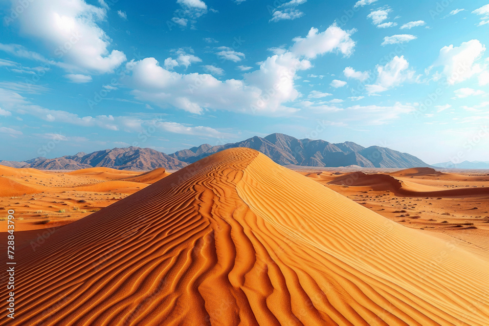 Namib desert in Sossusvlei in sunny day. Dunes and sand road to Deadvlei under blue sky and white cirrus clouds.