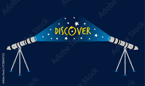 two telescopes and discover concept on dark blue background