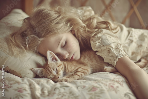 beautiful girl and her kitten are taking a nap together on a bed