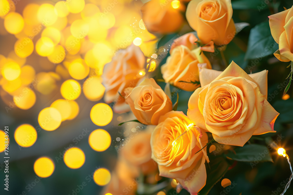 close-up of a rose-covered mirror with twinkling lights in the background close-up of a rose-covered mirror with twinkling lights in the background