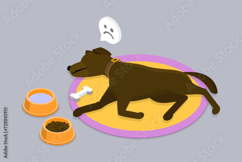 3D Isometric Flat Vector Illustration of Sluggish Doggy, Pet Illness Signals