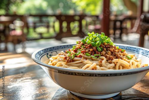 close-up shot of a bowl of dan dan noodles  with ground pork  Sichuan peppercorns  and chili oil