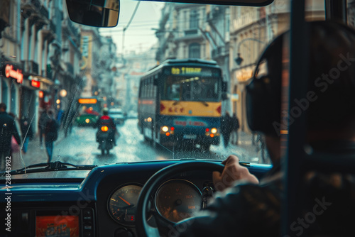 close-up shot of a bus driver navigating through a crowded street, with passengers boarding and disembarking photo
