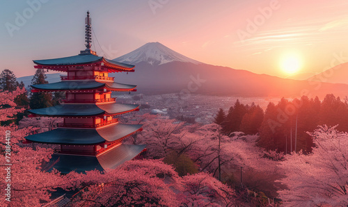 Fujiyoshida, Japan Beautiful view of mountain Fuji and Chureito pagoda at sunset, japan in the spring with cherry blossoms © Tjeerd
