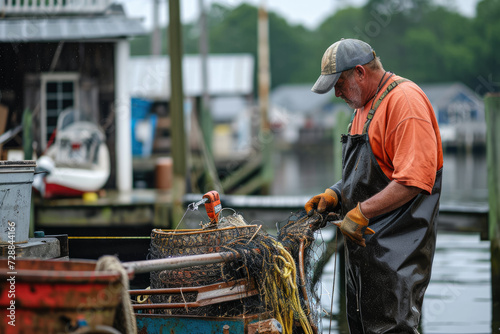 fisherman is standing on a dock, cleaning his fishing gear