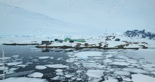 Antarctica polar science station, people explore ice movement, weather, and environmental conditions of global climate change. Scientific research wildlife, expedition to South Pole. Aerial drone shot